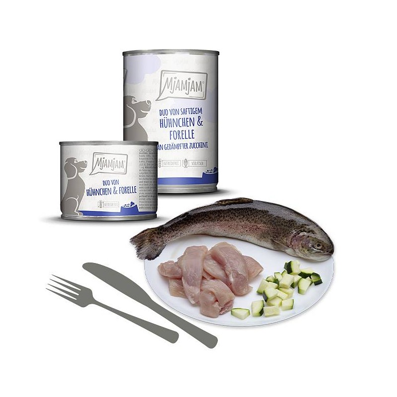 Mjamjam Dog DUO Piščanec in postrv z bučko 400g