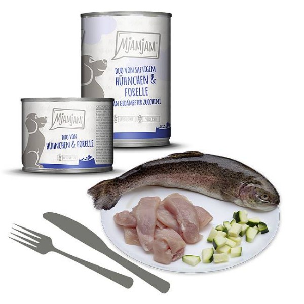 Mjamjam Dog DUO Piščanec in postrv z bučko 400g