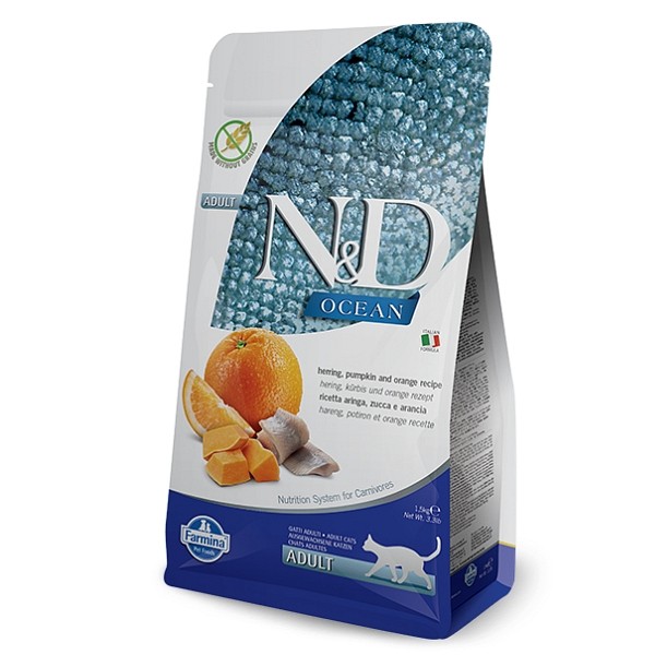 N&D Ocean Adult cat Sled, buča in pomaranča