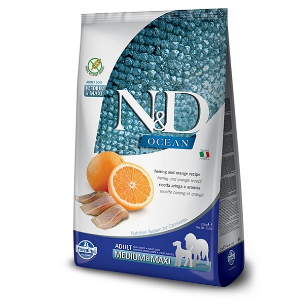 N&D Ocean za pse Sled in pomaranča Medium&Maxi 2,5kg