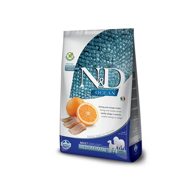 N&D Ocean za pse Sled in pomaranča Medium&Maxi 2,5kg